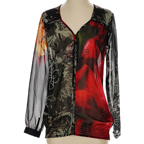 Desigual Tops - Desigual Black Red Floral Long Sleeve Blouse Women's Small